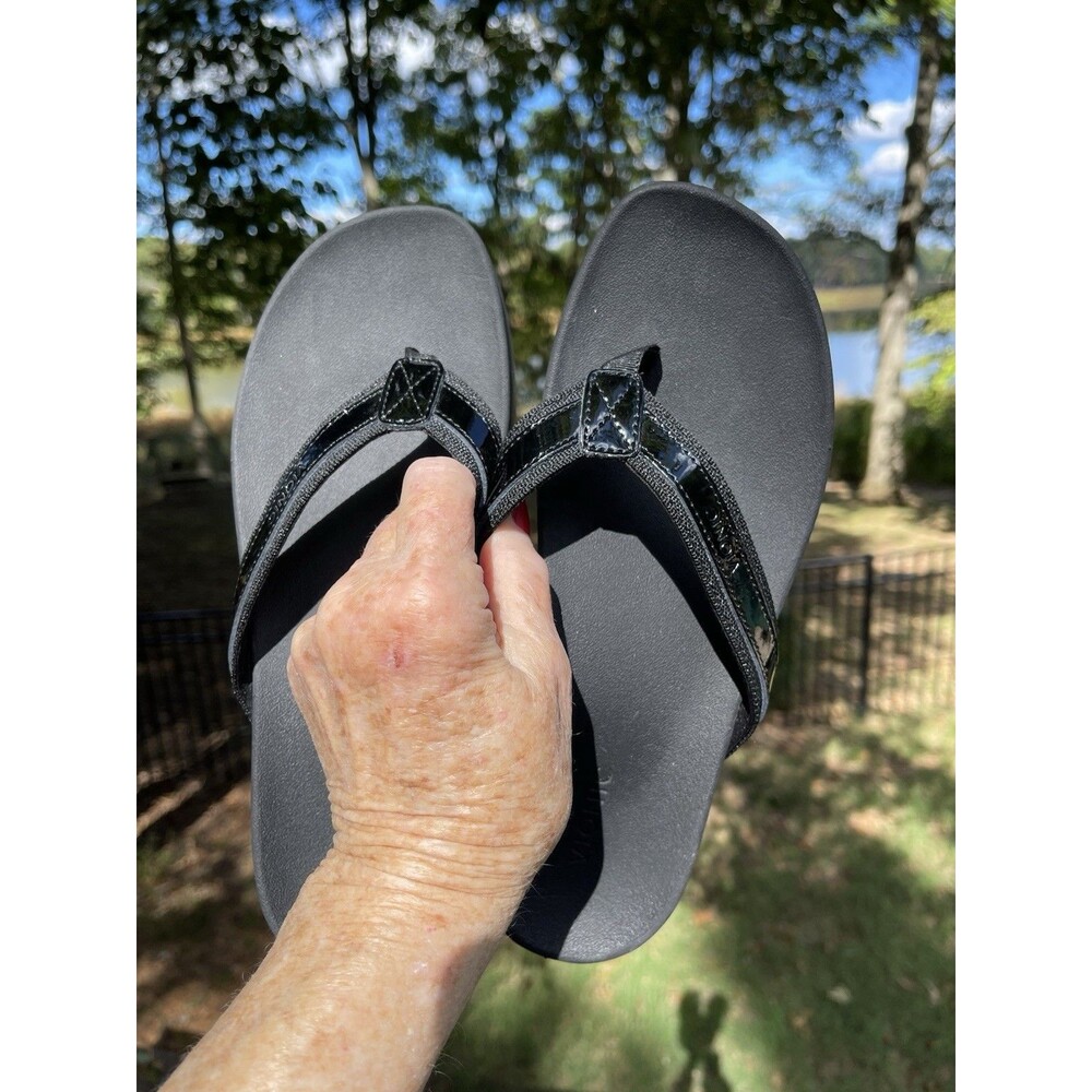 Vionic High Tide II Platform Black Patent Wedge Flip Flops Sandals Lady Size 9